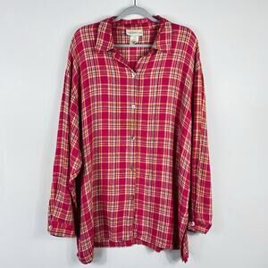 Susan Graver Size 1X Plaid Linen Blend Long Sleeve Button Front Shirt Top Pink